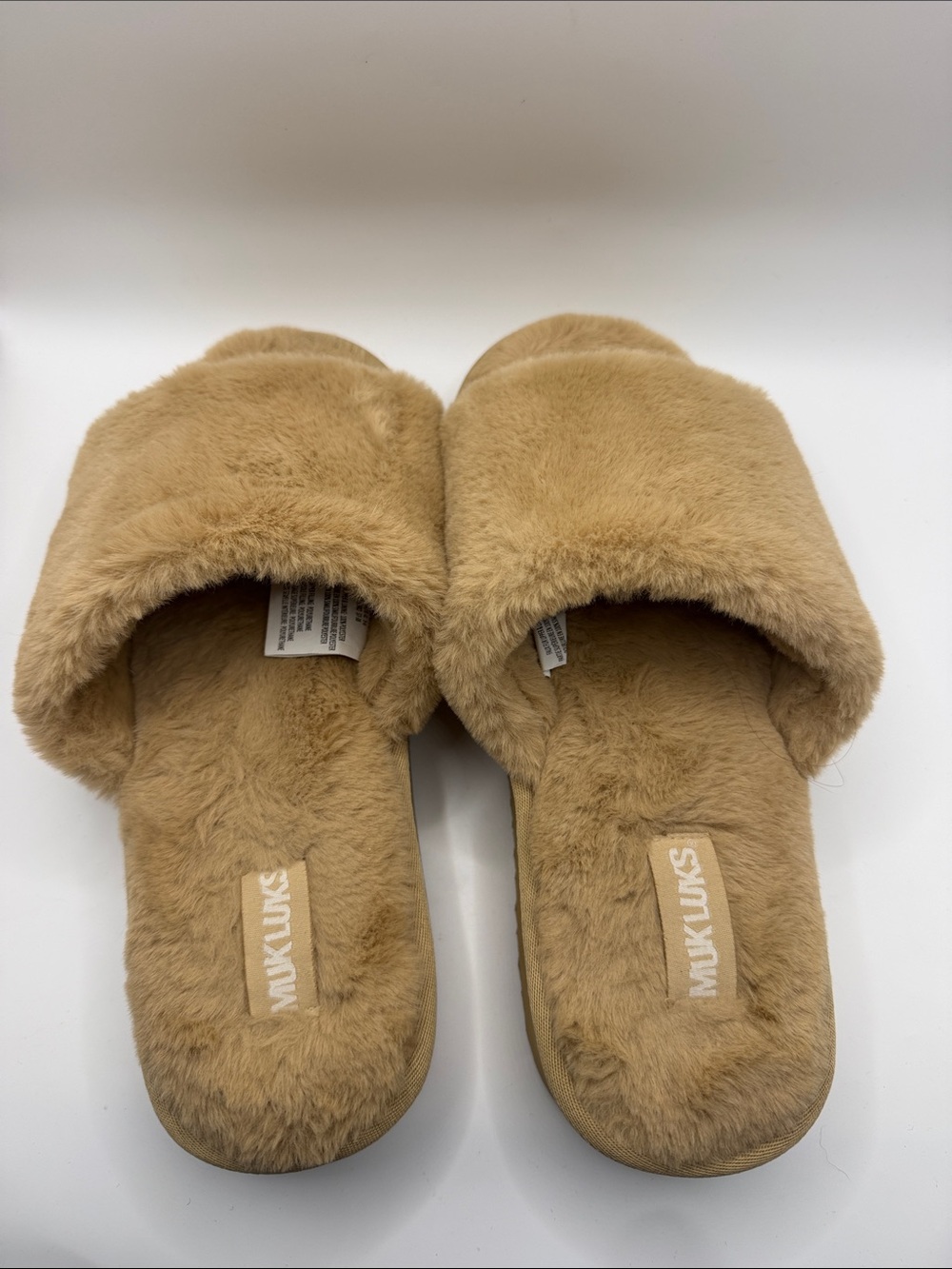 Muk Luks Plush Faux-Fur Slide Slippers in Tan